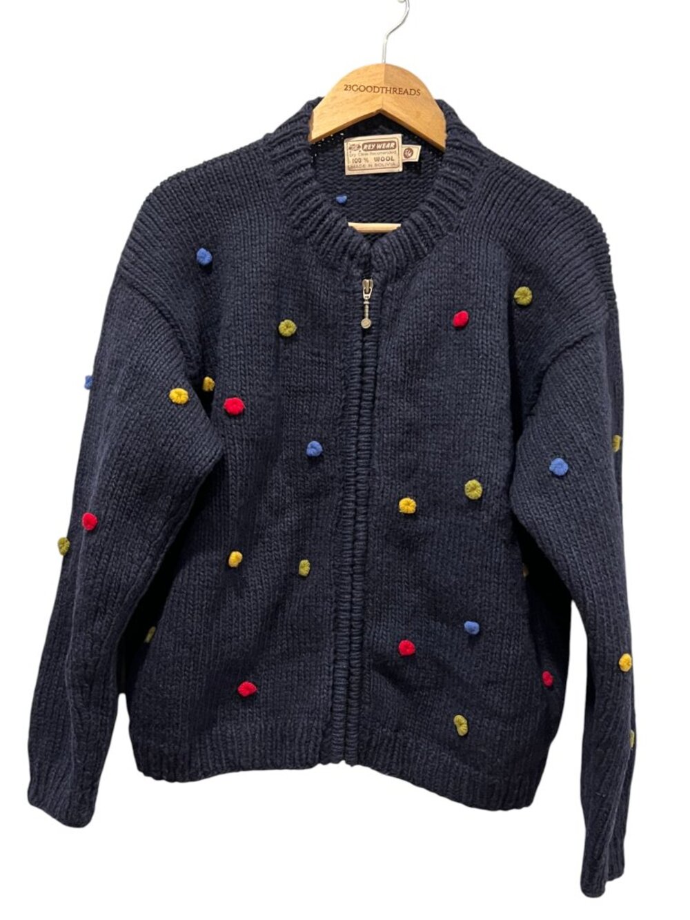 Rey Wear Vtg Bolivian Wool Pom Zip Cardigan, Navy, S/M